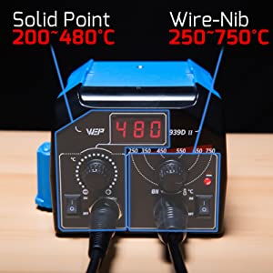 showing the temperature adjustment zones for the WEP 939D-II for the two pens