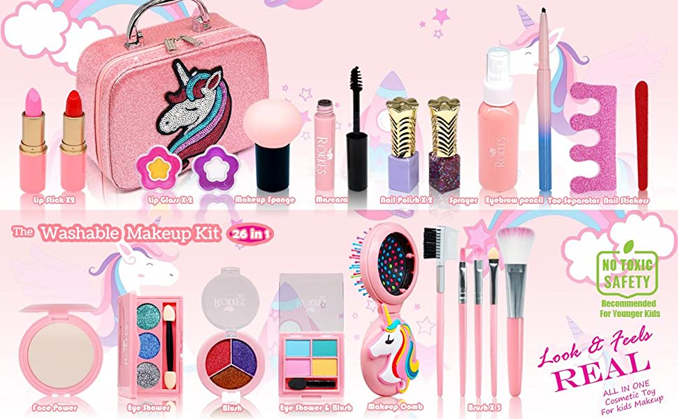Kids Washable Makeup Girls Toys - 28Pcs Real Make-up Kit Toy For Little Girls