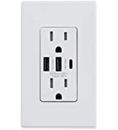 ELEGRP 30W 6.0 Amp 3-Port USB Wall Outlet, 15 Amp Receptacle with USB Type C & Type A Ports, USB ...