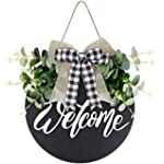 Welcome Sign for Front Door, Wooden Wreath for Farmhouse, Hanging Sign for Front Door and Porch Decor, Holiday Home Wall Decorations, Black