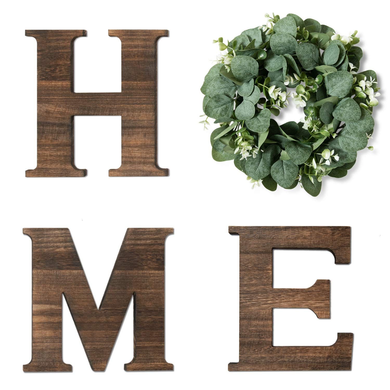 Yoleshy Wooden Home Sign with Artificial Eucalyptus Wreath for O, 9.8'''' Home Letters with Wreath for Wall Hanging Decor, Rustic Wall Letters Decor for Living Room, Entry Way, Kitchen, Etc (Brown)
