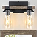 Farmhouse Bathroom Light Fixtures， Wood Black Vanity Lighting 2-Light Wooden Wall Sconce Industrial Rustic Wall Light Fixtures Over Mirror with Clear Glass Shade for Bathroom Hallway Kitchen Bedroom