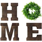 Gliwen Wooden Home Sign with Wreath, 9.8’’ Rustic Wood Home Letters H, M, E, Wall Hanging Decor with Artificial Wreath O, Great for Wall Art Living Room Front Door Dining Room, (Wooden)